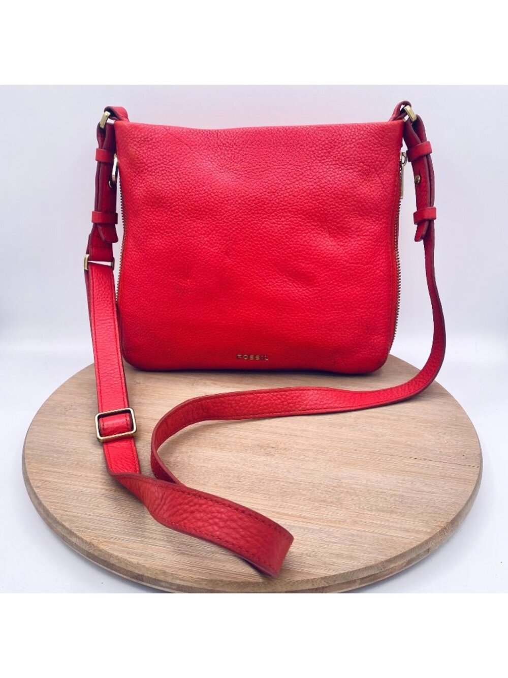 Fossil Leather Crossbody Bag Red Messenger Bag Purse Medium Zip Around